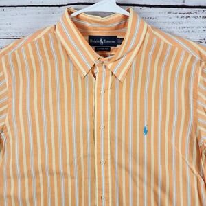 Ralph Lauren Custom Fit Button Up Shirt 17.5 32/33 Custom Fit Striped Orange